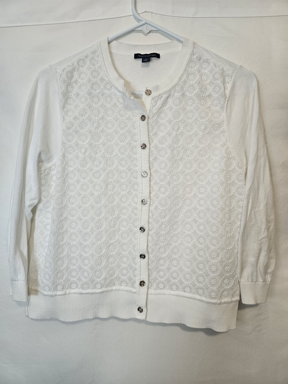 Tommy Hilfiger White Lace-Front Cardigan Business Casual Office Careerwear